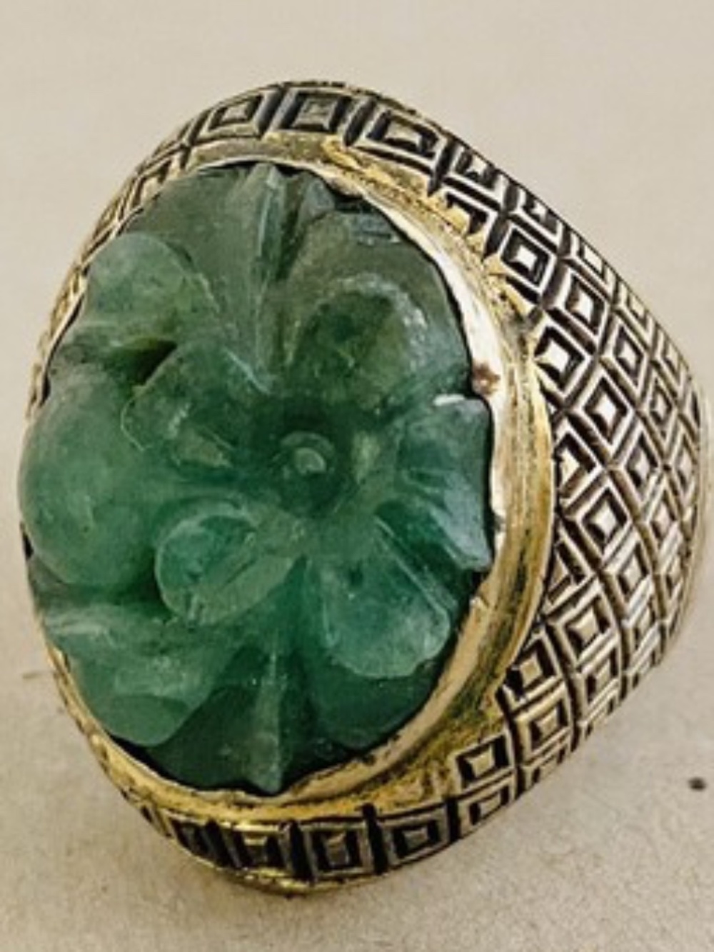 Vintage Gold Wash Sterling Silver Chinese Import Carved Green Jade Jadeite Ring